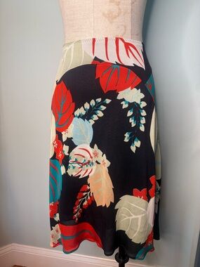 Kenzo Jeans Paris 100% Silk Tropical Floral Midi Skirt Size M Black Red Teal
